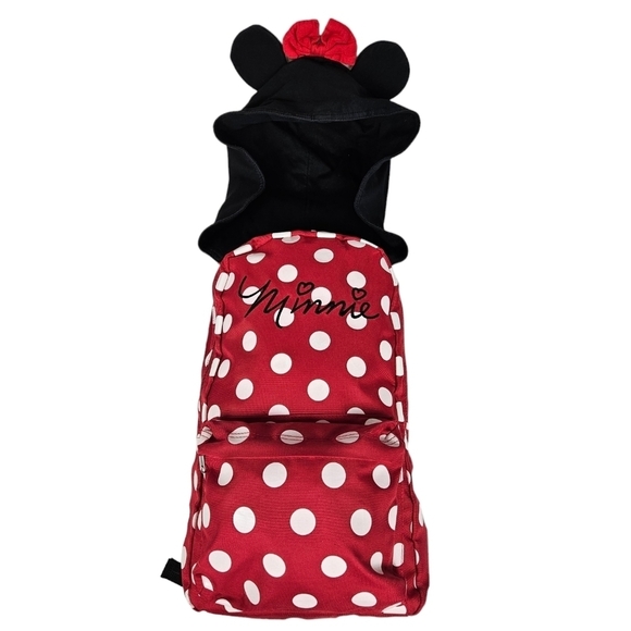Disney Red & White Polka Dot Minnie Mouse Hooded Backpack Women's Bag - Picture 12 of 12